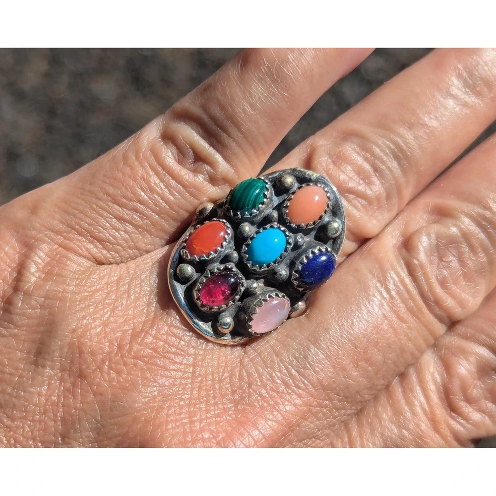 Navajo Jewelry Women's Ring Handmade Native American Multi Stone Signed‎ sz 7***